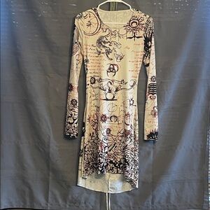 Unique Cream, Red and Black Graphic Long Sleeve Dress